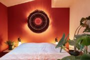 Slaapkamer met roodbruine achterwand en planten